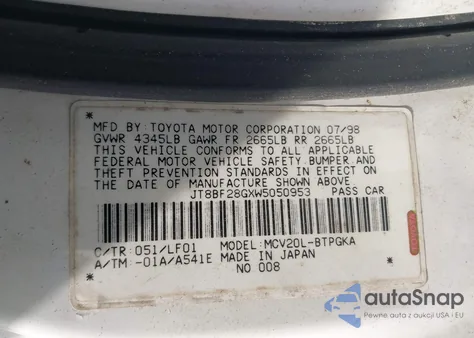 1998 Lexus Es 300 z USA, uszkodzony, nr VIN JT8BF28GXW5050953